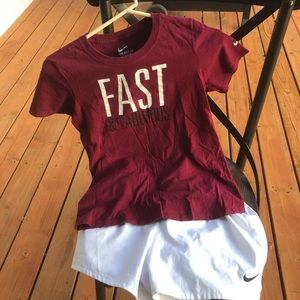 Nike t-shirt and Nike Dri-Fit athletic shorts